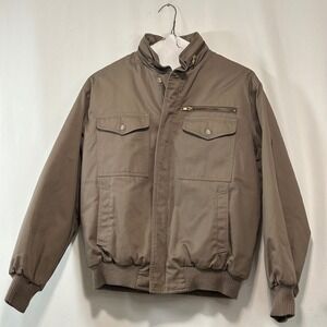 Mens Khaki Bomber Jacket Full Zip Red Lined‎ Collared Casual Outerwear Coat